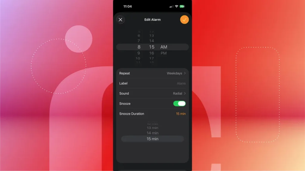 Alarm settings with snooze options.