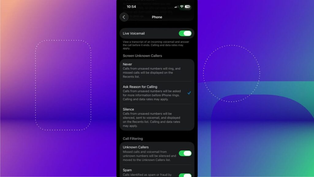 Phone settings for call screening options.