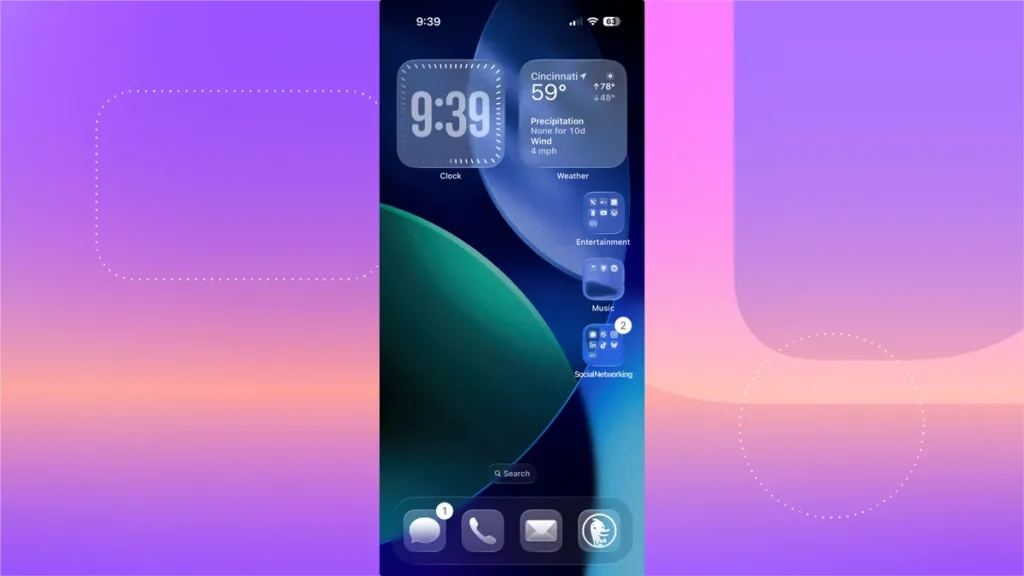 Home screen with clock and apps.